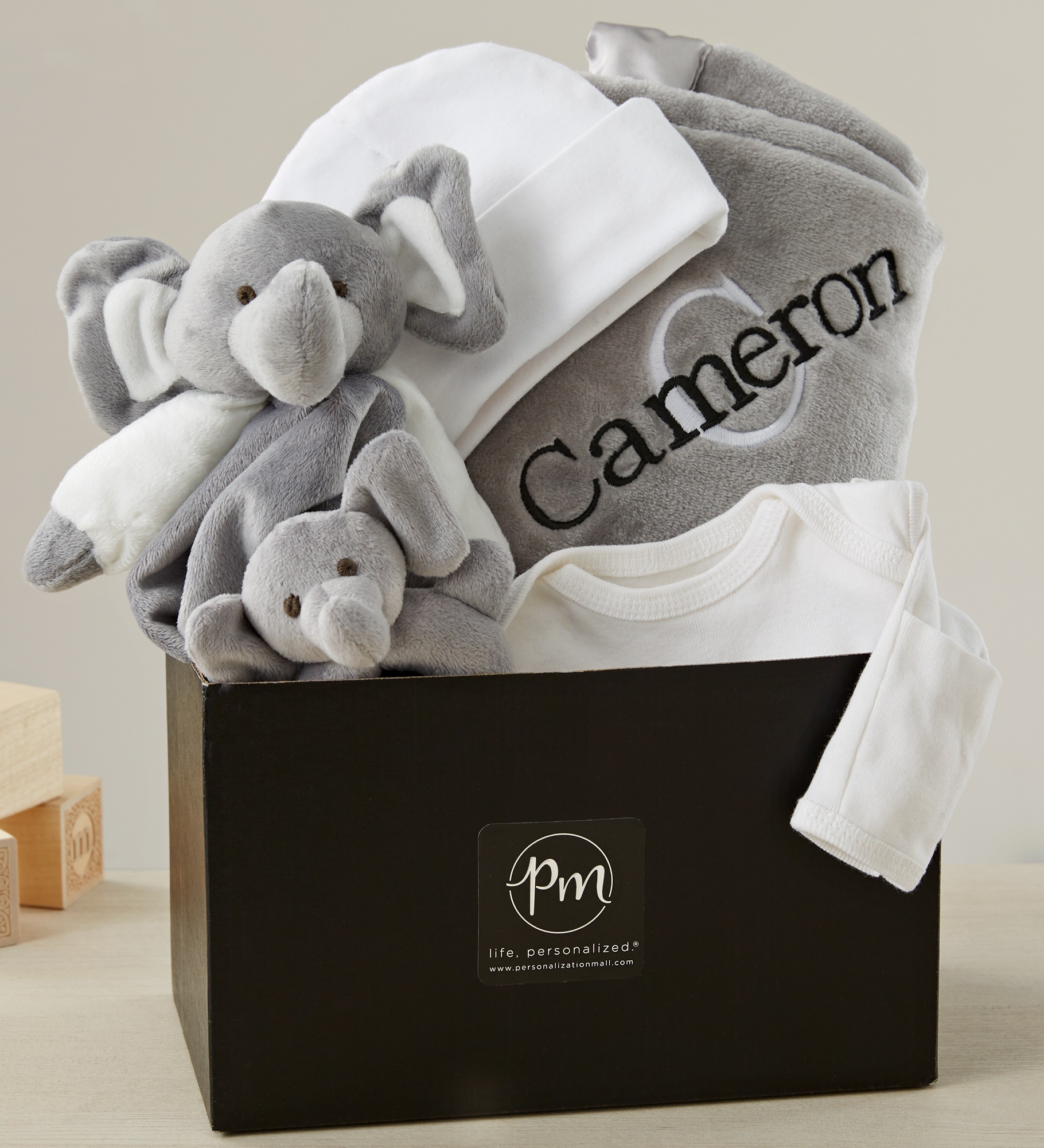 Embroidered Satin Trim Grey Baby Blanket with Clothes Set